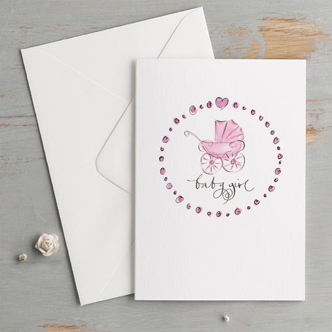 'Baby Girl' Vintage Pram New Baby Card