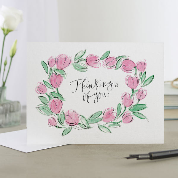 'Thinking Of You' Pink Tulips Decorative Card